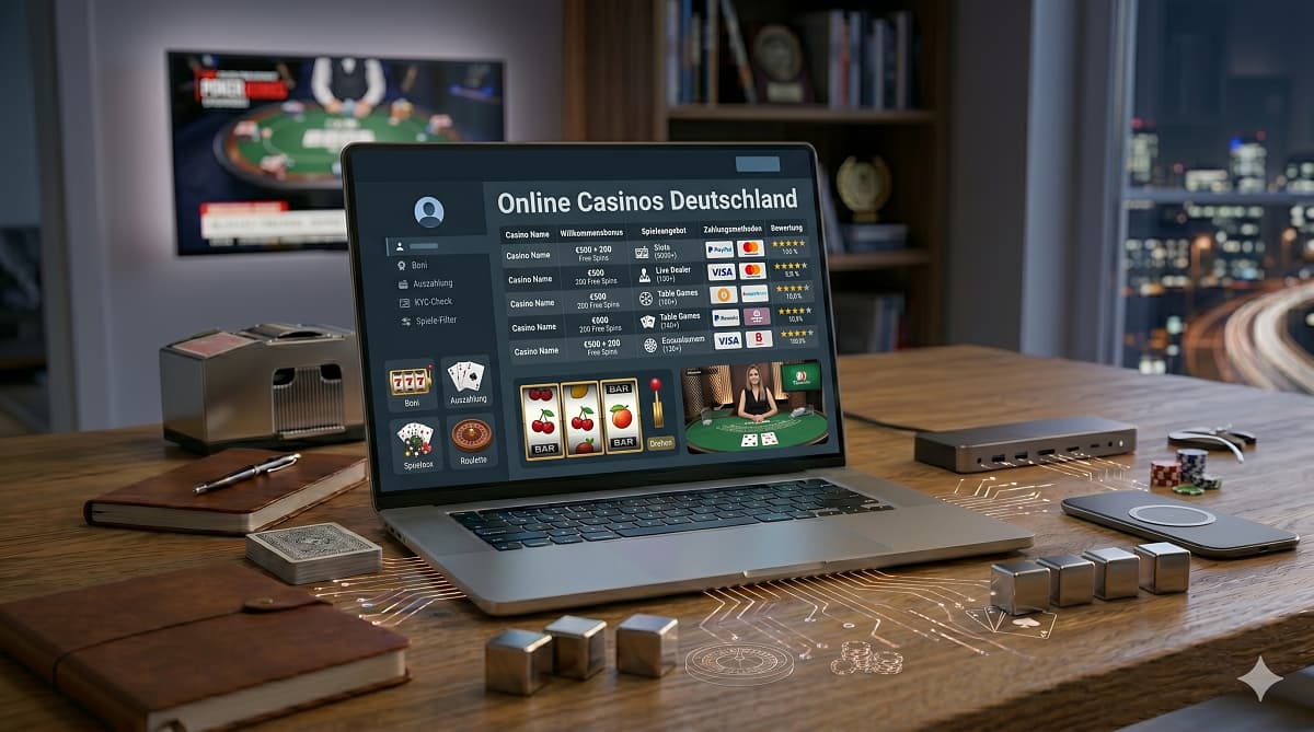 Ein geöffneter Laptop auf einem Holztisch zeigt eine Webseite mit dem Titel „Online Casinos Deutschland“, die verschiedene Casino-Anbieter, Bonusangebote, Zahlungsmethoden wie Visa und Mastercard sowie ein Live-Dealer-Spiel vergleicht. Umgeben ist der Laptop von thematisch passenden Gegenständen wie einem Roulette-Rad, Pokerchips, Spielkarten, einem VR-Headset und einem Fernseher im Hintergrund, der ein Pokerturnier zeigt.